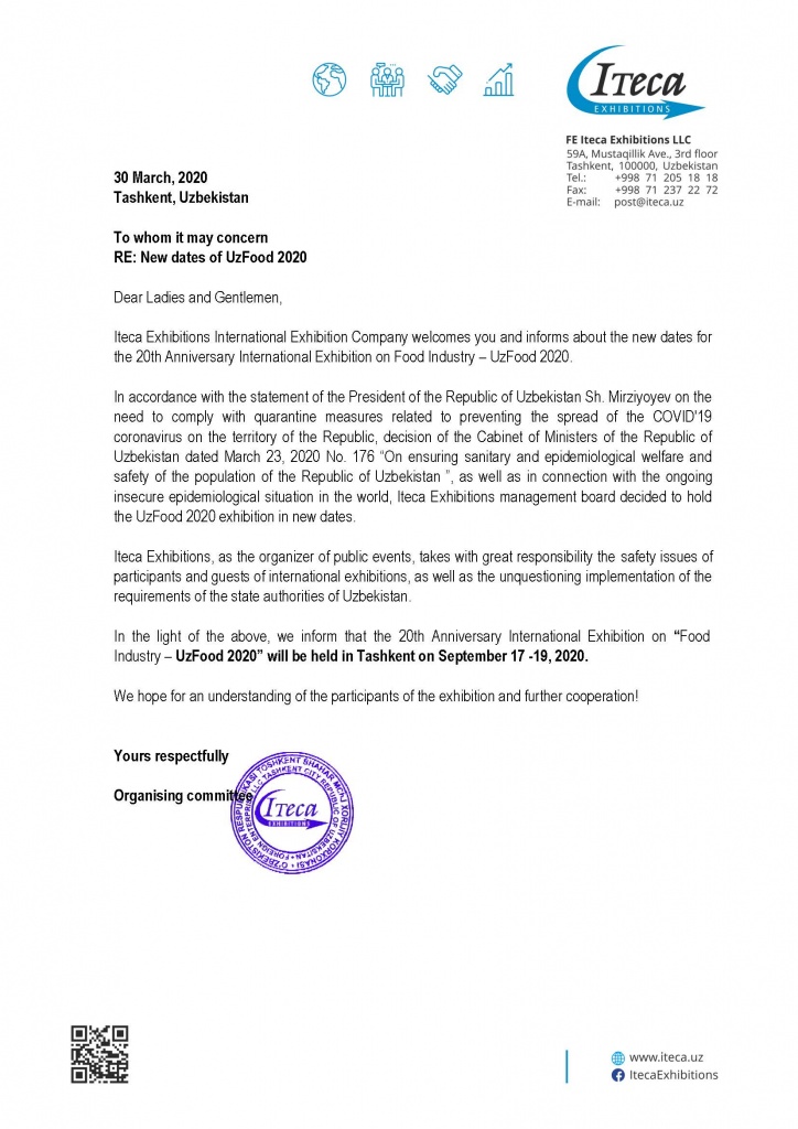 Announcement regarding new dates of «UzFood 2020»